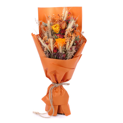 03001994_irigo-trockenstrauss-mit-praparierter-rose-monalisa-orange-und-orangefarbenen-dekorationen