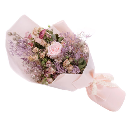 03001997_irigo-trockenstrauss-mit-praparierter-rose-monalisa-pink-champagne-und-rosa-dekorationen