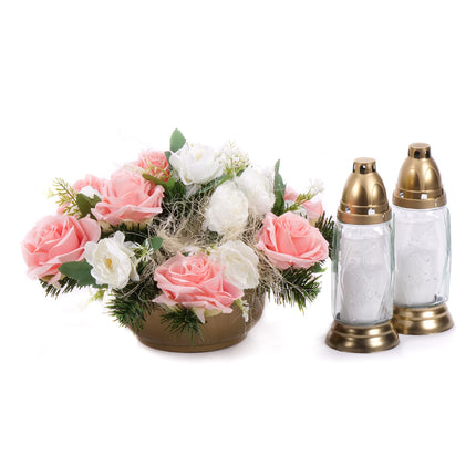 03002134_trauergesteck-irigo-mit-aprikotfarbenen-rosen-pfingstrosen-und-trauerkerzen