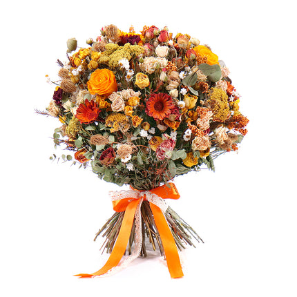 03101142_irigo-trockenstrauss-mit-gelben-sprayrosen-und-konservierten-orangefarbenen-rosen